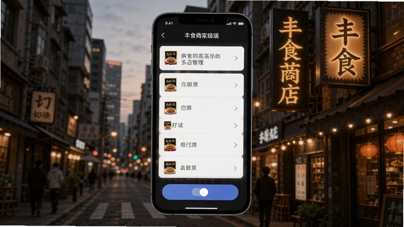 丰食商家端多门店切换界面,手机屏幕显示门店列表与切换按钮,背景为城市街景与多个餐厅招牌,暖色灯光,写实风格,突出多店管理场景