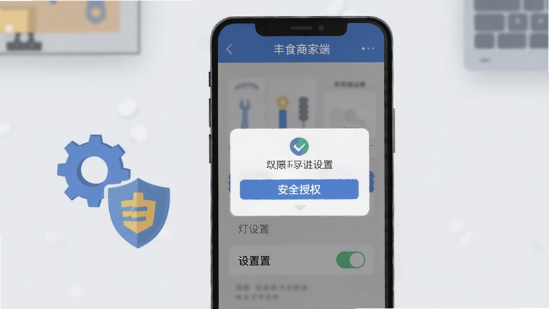 丰食商家端登录与权限设置引导页,手机屏幕显示权限授权弹窗与设置开关,背景为简洁的浅灰色工作台,画面中有齿轮与盾牌图标,扁平插画风格,强调安全设置
