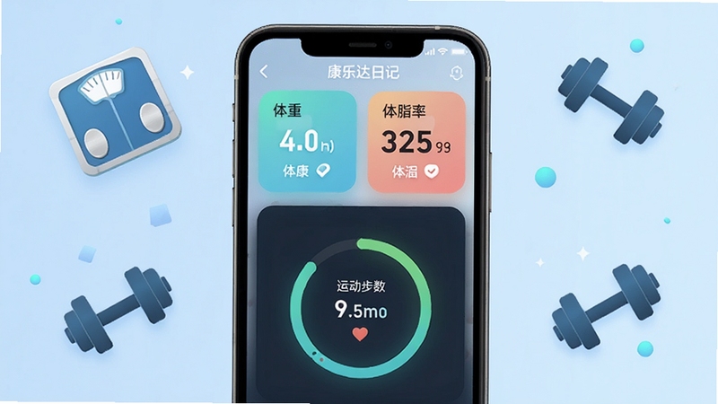 康乐达日记软件主界面展示,画面中央为手机屏幕显示健康数据仪表盘,屏幕上方有体重和体脂率数字卡片,下方为运动步数环形图,背景为浅蓝色渐变,周围漂浮着体重秤和哑铃的简约图标,整体风格清新科技感,适配Boogu模型生成
