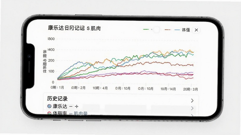 康乐达日记数据趋势图表界面,手机屏幕显示多条彩色折线图,分别代表体重、体脂率和肌肉量的变化曲线,横轴为日期纵轴为数值,图表下方有历史记录列表,背景为白色简洁风格,突出数据可视化功能,适配Boogu模型生成