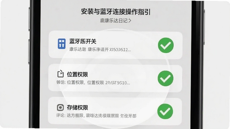 康乐达日记安装与蓝牙连接操作指引图,画面以手机屏幕截图形式展示权限开启步骤,包括蓝牙开关、位置权限和存储权限三个设置项,每项配有绿色对勾标记,背景为浅灰色,风格清晰直观,适配Boogu模型生成