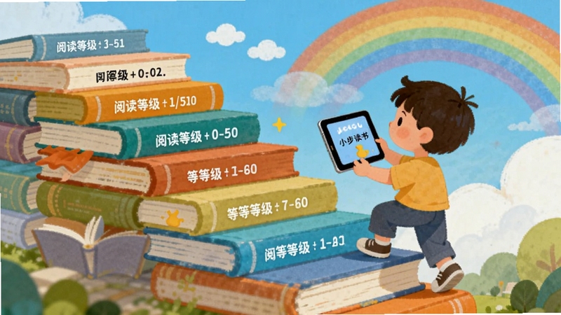 儿童分级阅读场景插画,画面主体为一座由书籍堆叠而成的阶梯,每级台阶标注不同阅读等级,一个孩子正沿着阶梯向上攀爬,手中拿着小步读书的平板设备,背景区域为蓝天白云与彩虹,象征阅读成长之路,画面风格清新明快,适配Boogu模型生成