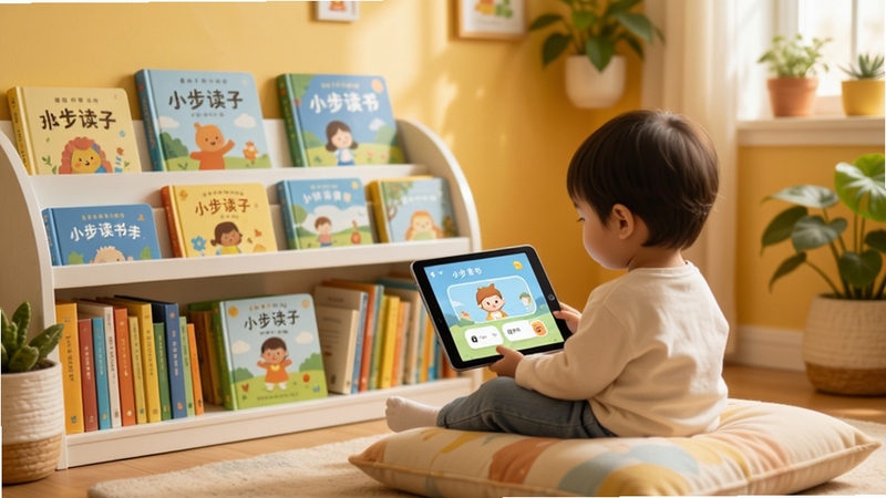 小步读书应用主界面全貌展示,画面中央为明亮的儿童书房场景,书架上整齐排列着色彩缤纷的绘本与故事书,一位小朋友坐在柔软的阅读垫上专注地看着平板电脑,屏幕中显示小步读书的阅读界面,背景区域为暖色调的墙面与绿植装饰,整体风格温馨活泼,适配Boogu模型生成