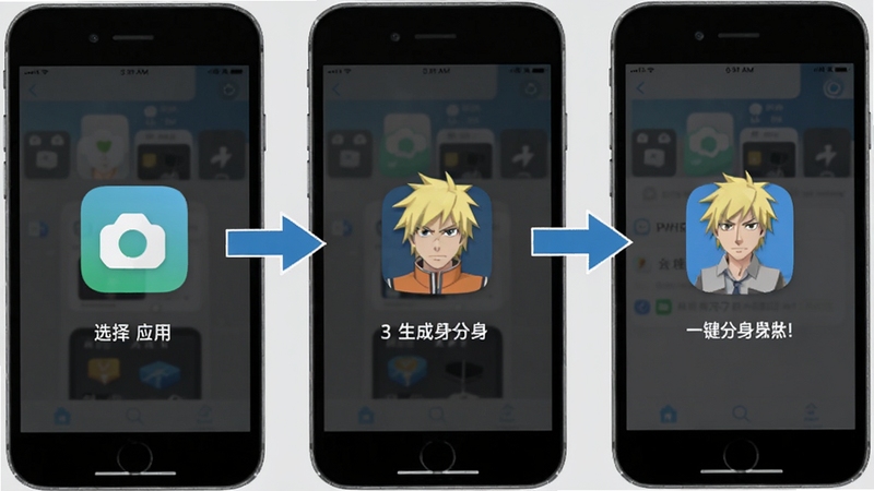 影分身一键分身操作流程图,画面以手机界面为主,展示从选择应用到生成分身的三个步骤,图标清晰、箭头引导明确,背景为浅灰色商务风格,体现操作简单快捷