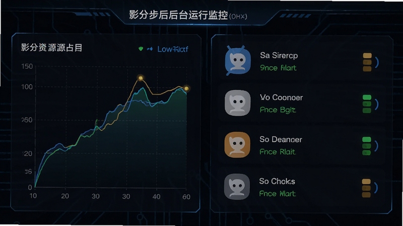 影分身后台运行监控界面,画面显示手机资源占用曲线图与多个分身应用运行状态指示灯,背景为深色科技风格,突出低功耗与稳定运行特性