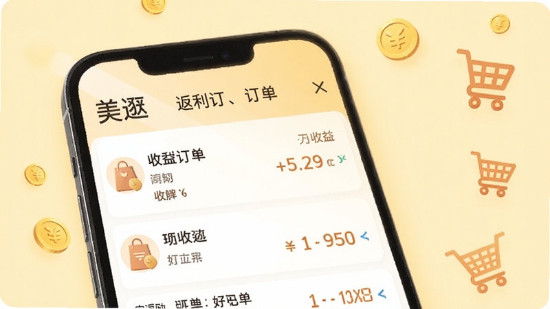美逛应用内购物返利功能界面展示图,画面主体为手机屏幕特写,显示返利订单列表和收益数字,背景为淡黄色暖色调,点缀金币和购物车图标,整体风格温馨实用