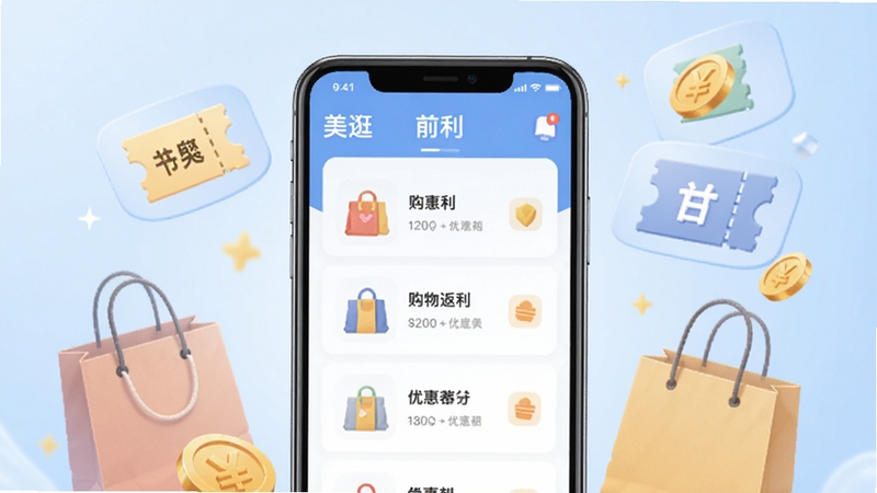 一款名为美逛的手机应用界面展示图,画面中央是一部智能手机,屏幕显示购物返利和优惠券列表页面,背景为柔和的浅蓝色渐变,周围点缀着购物袋、优惠券图标和金币元素,整体风格清新明亮,适合作为软件下载站的预览展示图