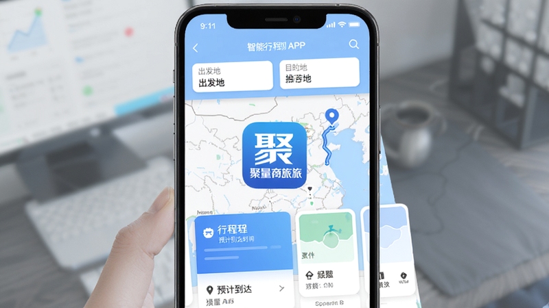 聚量商旅APP智能行程规划界面,手机屏幕显示出发地与目的地输入框,地图上标注推荐路线与预计到达时间,背景为浅蓝色商务风格,画面中央突出聚量商旅应用图标与行程卡片,整体构图简洁明快