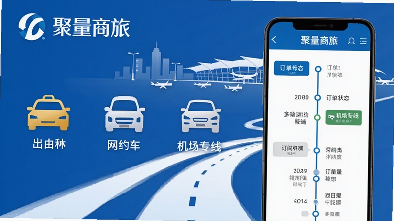 聚量商旅多端运力聚合功能展示图,画面左侧为出租车、网约车、机场专线三种车型图标并列,右侧为手机界面显示订单状态时间轴,背景为城市道路与机场航站楼剪影,整体色调以蓝白为主,突出聚量商旅品牌标识