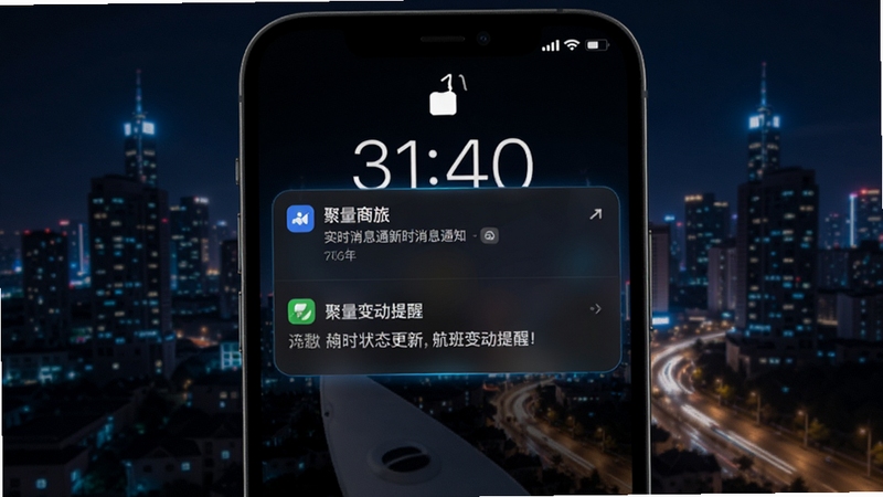 聚量商旅实时消息通知功能示意图,手机锁屏界面弹出订单状态更新与航班变动提醒,背景为深色模式下的城市夜景,画面中央突出聚量商旅通知卡片,整体氛围科技感十足