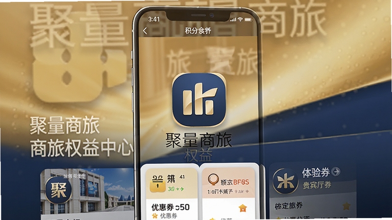 聚量商旅商旅权益中心页面展示图,手机屏幕显示积分余额、优惠券列表与贵宾厅体验券,背景为金色与深蓝色渐变的商务质感,画面中央突出聚量商旅权益图标,整体风格高端大气