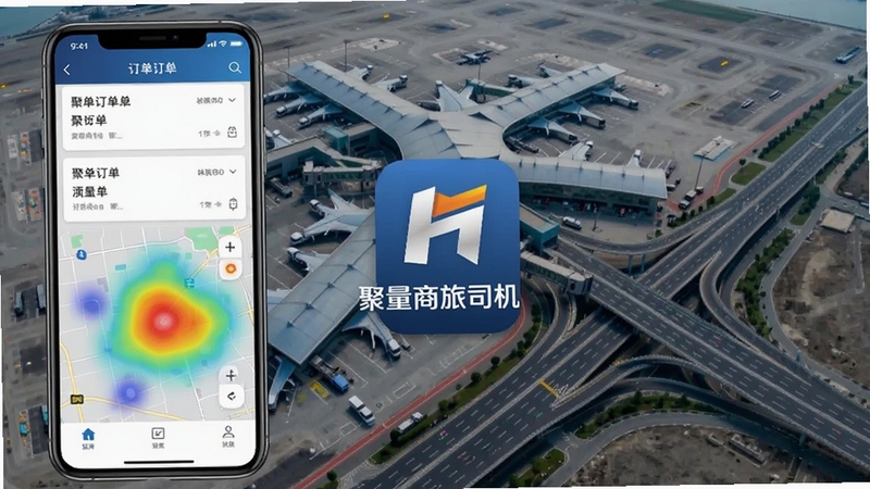 聚量商旅司机端接单界面展示图,手机屏幕显示订单列表与地图热力图,背景为机场航站楼与城市道路交汇的俯视视角,画面中央突出聚量商旅司机端标识,整体风格专业稳重