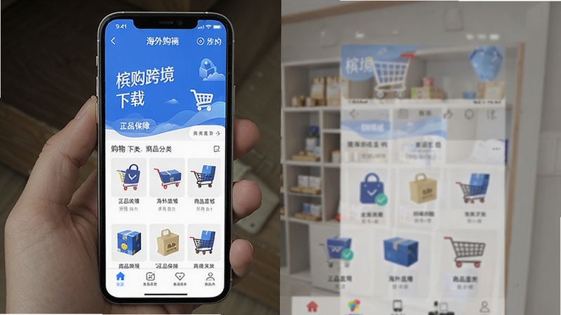槟购跨境 下载 安卓 移动端购物界面 正品保障 海外直采 购物车 商品分类 蓝色主色调 手机屏幕展示 电商App风格