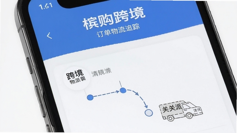 槟购跨境 订单物流追踪页面 跨境包裹 清关 派送 手机界面 物流节点展示 简洁风格
