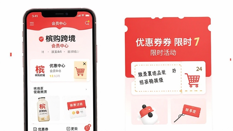 槟购跨境 会员中心 优惠券 限时活动 手机端 促销专区 购物App 红色点缀 简洁布局