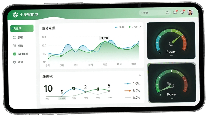 小麦智电手机端实时电站监控界面,绿色能源主题,数据曲线与功率仪表盘,现代简约风格