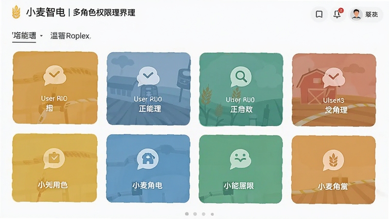 小麦智电多角色权限管理界面,展示不同用户角色的功能入口,扁平化设计