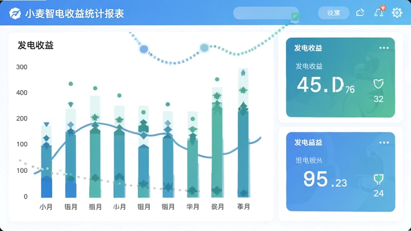 小麦智电收益统计报表页面,柱状图与数字卡片展示发电收益,清新商务风格