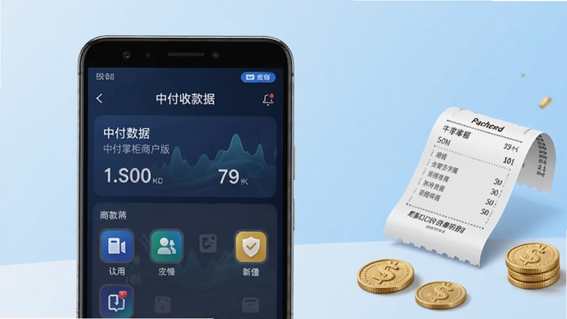 中付掌柜商户版应用主界面展示图,画面中央偏左放置一部安卓手机,屏幕显示商户收款数据看板与功能图标,背景为浅蓝色渐变商务风格,右侧点缀收银小票与硬币元素,整体明亮清晰,适配Boogu模型生成