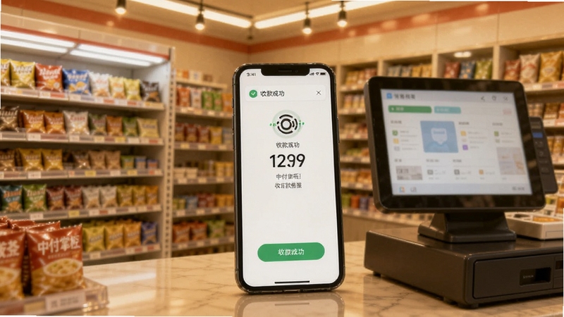 中付掌柜商户版收款播报场景图,画面主体为收银台前的手机,屏幕显示收款成功界面并带有声波图标,背景是便利店货架与暖色灯光,突出便捷收款氛围