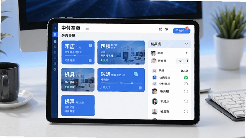 中付掌柜商户版多门店管理界面图,画面展示平板设备上显示多个门店卡片与机具列表,背景为现代办公桌面,色调以蓝白为主,体现高效管理