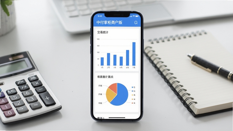 中付掌柜商户版交易统计图表界面图,画面中心为手机屏幕展示柱状图与饼图数据,背景为浅灰色办公环境,旁边放置计算器与笔记本,突出数据分析功能