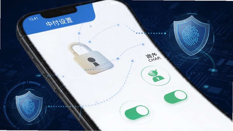 中付掌柜商户版安全设置界面图,画面展示手机屏幕上的密码锁与权限开关图标,背景为深蓝色科技感纹理,点缀盾牌与指纹元素,强调安全防护