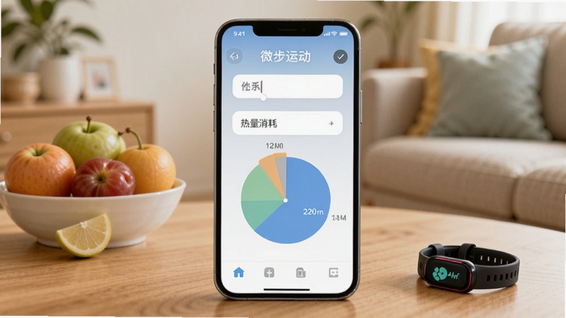 微步运动健康指标界面,画面中心为手机屏幕显示体重输入框与热量消耗饼图,背景为温馨家居环境,桌面上摆放着水果与运动手环,整体氛围健康积极,适配Boogu模型生成