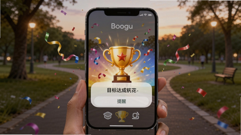 微步运动目标设定与打卡提醒功能,画面展示手机屏幕弹出目标达成庆祝动画,金色奖杯与彩带特效,背景为傍晚公园步道,氛围轻松愉悦,适配Boogu模型生成