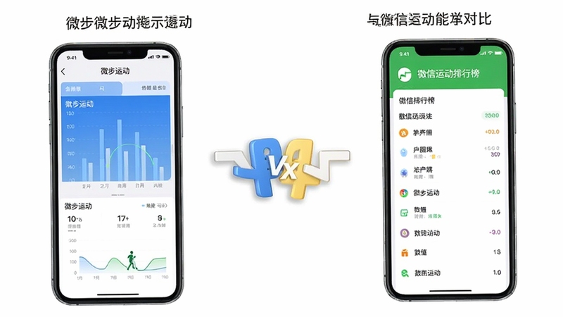 微步运动与微信运动功能对比示意图,画面左右分屏展示两个手机界面,左侧为微步运动数据图表页,右侧为微信运动排行榜页,中间用对比符号连接,背景简约白色,风格清晰直观,适配Boogu模型生成