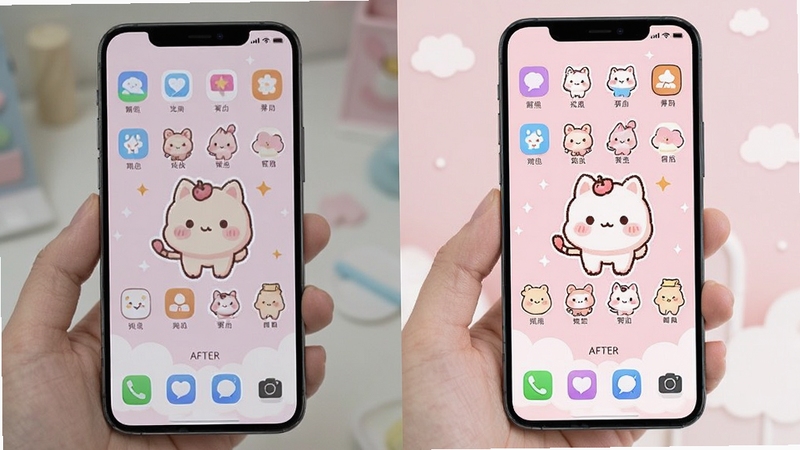 壁纸主题大全一键主题套装功能展示,手机屏幕显示主题更换前后的对比效果,左侧为默认桌面,右侧为美化后的可爱卡通风格桌面,图标和壁纸风格统一,背景为浅粉色柔和色调