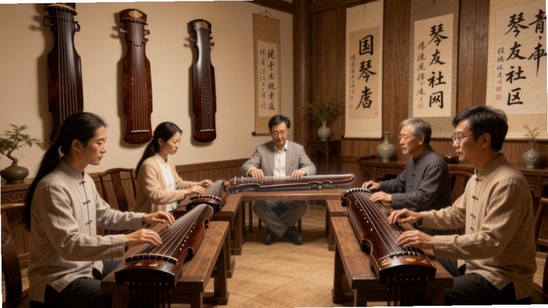 国琴网琴友社区互动场景,画面中多位古琴爱好者围绕虚拟古琴交流讨论,背景为古色古香的琴室布置,墙上悬挂古琴与书法作品,色调温暖柔和