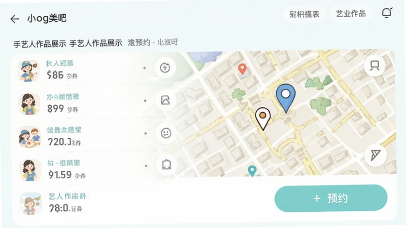 小小美吧 附近店铺列表 手艺人作品展示 地图定位 预约按钮 清新浅色界面 适用于Boogu模型生成