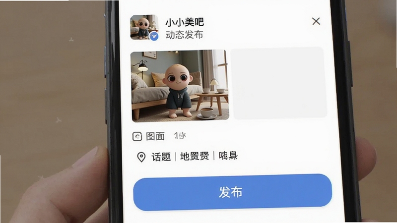 小小美吧 动态发布页面 添加图片 话题标签 位置信息 发布按钮 手机界面 适用于Boogu模型生成