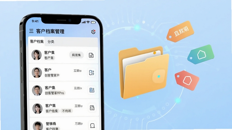 创客管家Pro客户档案管理界面,手机屏幕显示客户列表与标签分类,画面右侧有虚拟文件夹和标签图标飞出,背景为淡蓝色渐变,体现信息归集与整理的科技感