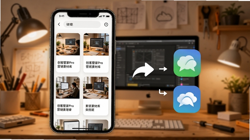 创客管家Pro营销素材库功能展示,手机屏幕中呈现图片和文案卡片排列,旁边有分享箭头指向社交软件图标,背景为暖色调工作室环境,体现素材管理与一键分享的便捷