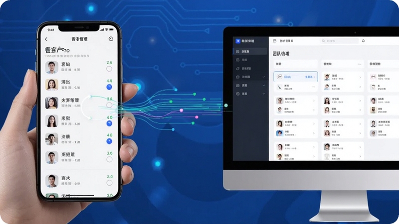 创客管家Pro在手机和电脑模拟器上同步运行的场景,画面左侧为手持手机展示客户列表,右侧为电脑屏幕显示团队管理后台,中间有数据流线条连接,背景为简洁的科技蓝风格