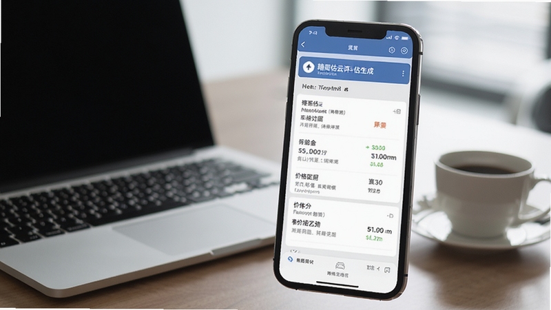 画面主体为精真估云评估生成的车辆评估报告页面,手机屏幕显示报告摘要与价格区间,背景区域为办公桌桌面,桌上有笔记本电脑和一杯咖啡,整体氛围偏向商务办公场景,体现软件的专业性。