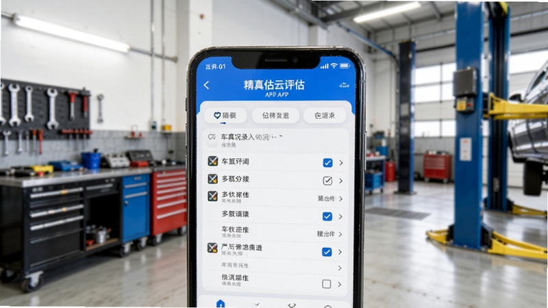画面主体为精真估云评估APP的车况录入界面特写,手机屏幕显示多项车况勾选选项,背景区域为汽车维修车间的一角,有检测工具和车辆举升机,整体光线明亮,突出软件操作便捷的特点。