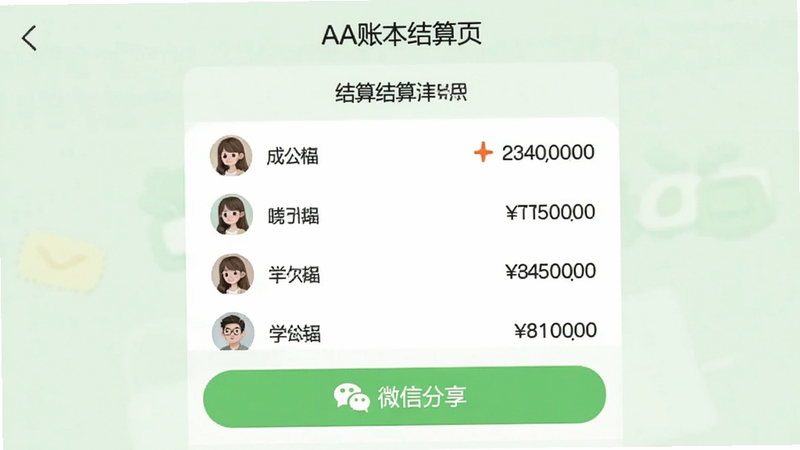 AA�˱�����ҳ���ͼ��񣬻���������ʾһ�Ž����嵥���������г�Ա�����Ͷ�Ӧת�˽�����Ϊ����ɫ������ײ���΢�ŷ�����ť�������Χ�����Ѻã�����һ������ı�����