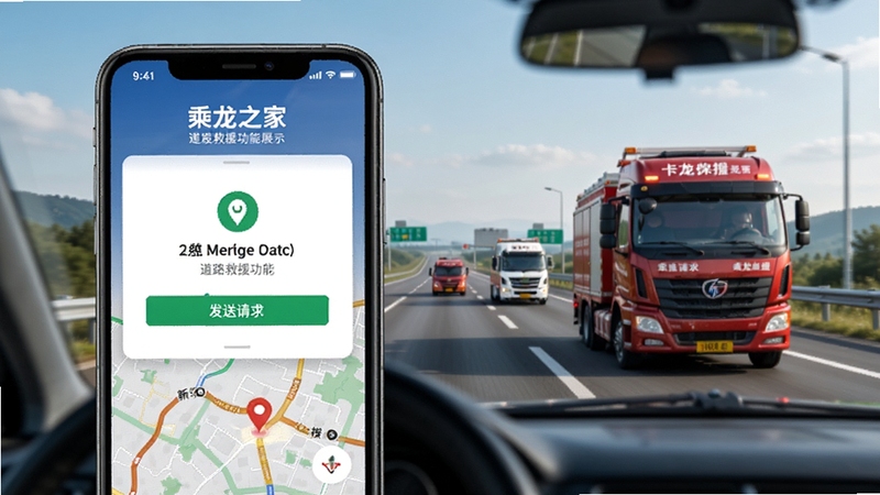 乘龙之家道路救援功能展示,手机屏幕呈现救援请求发送成功页面与地图定位标记,背景为高速公路与救援车辆,画面风格写实且具有安全感,体现乘龙之家为卡友保驾护航