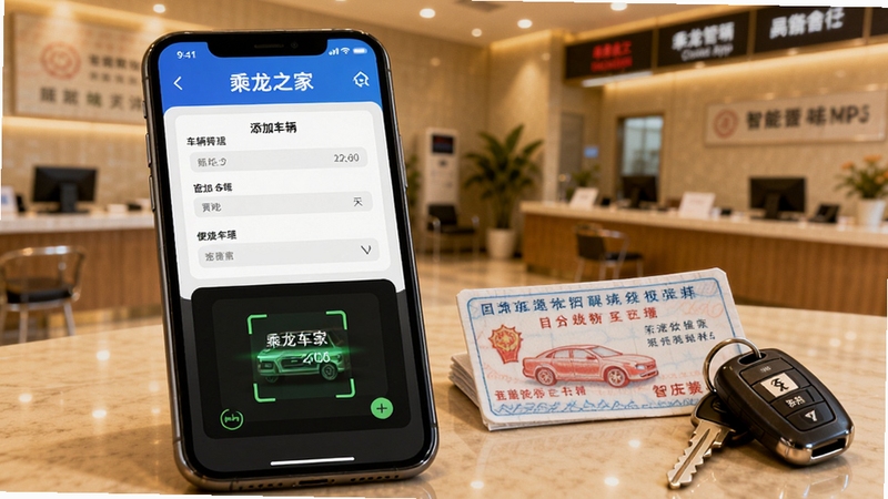 乘龙之家App车辆绑定界面特写,手机屏幕显示添加车辆表单与扫描识别区域,旁边放置一张行驶证与车钥匙,背景为服务大厅场景,整体色调温暖专业,突出便捷绑定与智能管理功能