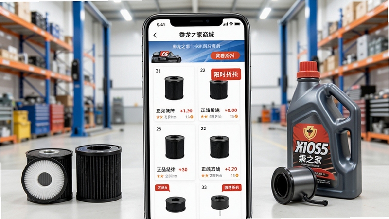 乘龙之家配件商城页面截图风格展示,手机屏幕内呈现商品列表与限时折扣标签,周围散落滤芯、机油瓶等汽车配件,背景为明亮整洁的仓库环境,突出正品与优惠主题