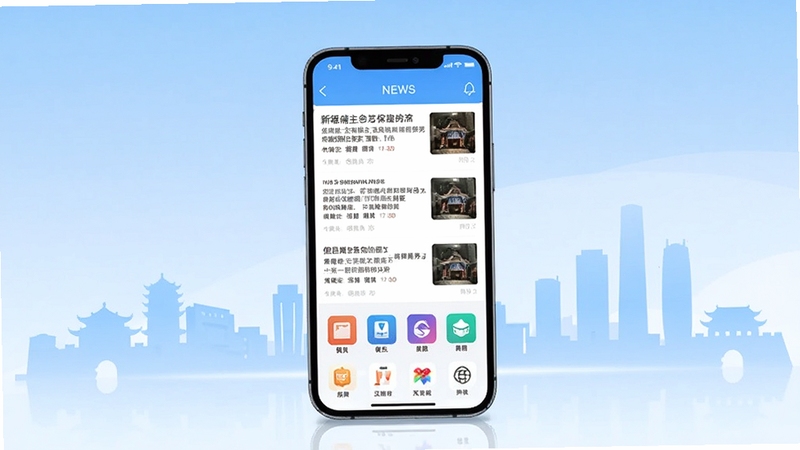 新畿辅App主界面展示,画面中央是一部智能手机,屏幕显示新闻资讯列表和便民服务图标,背景为保定城市剪影与淡蓝色渐变,整体风格简洁现代,适配Boogu模型生成