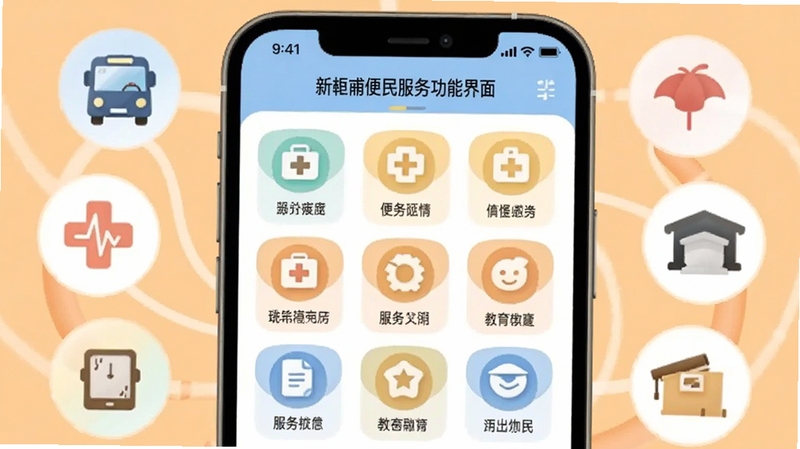 新畿辅便民服务功能界面,画面中手机屏幕展示服务图标网格,周围环绕交通、医疗、教育等元素图标,背景为温暖浅橙色,风格亲和力强,适合Boogu模型生成