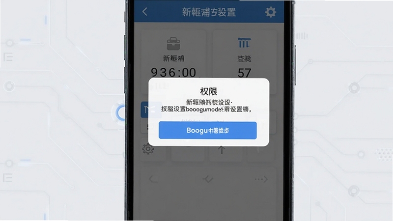 新畿辅安装设置界面,手机屏幕显示权限授权弹窗,背景为浅灰色科技感线条,画面简洁清晰,适合Boogu模型生成
