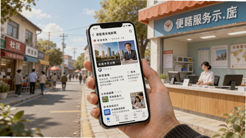 新畿辅使用场景示意图,画面展示用户手持手机浏览本地新闻,背景为社区街道和便民服务大厅,色调明亮温暖,适合Boogu模型生成