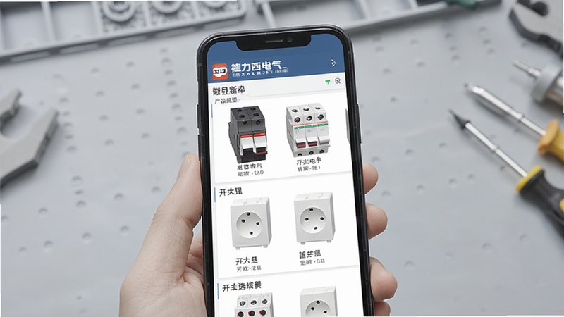 德力西电气产品目录选型界面展示,手机屏幕中显示断路器与开关插座分类列表,背景为浅灰色工作台,画面简洁清晰