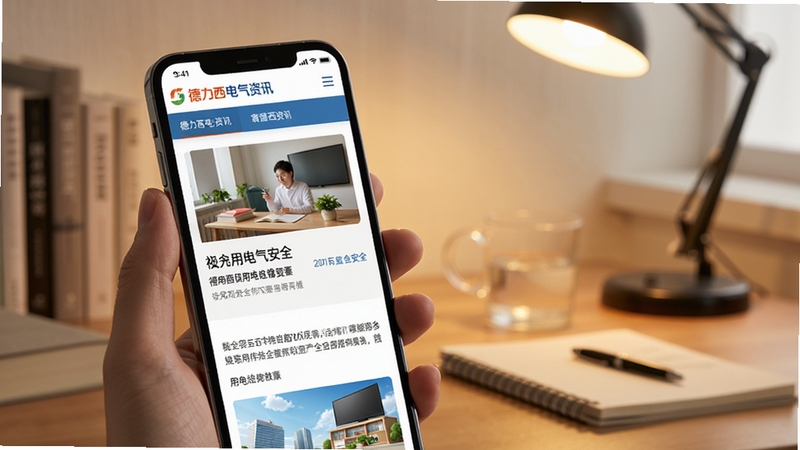 德力西电气资讯页面展示,手机屏幕呈现用电安全文章列表与配图,背景为书房桌面,光线柔和