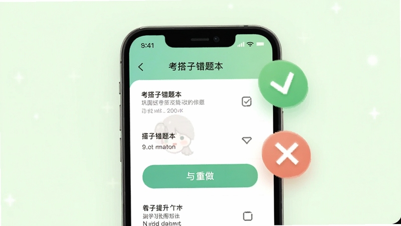 考搭子错题本功能界面,手机屏幕显示错题列表与重做按钮,旁边有对勾与叉号图标漂浮,背景为淡绿色,突出巩固提升的学习效果